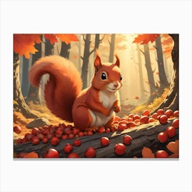 Red Squirrel Sitting On A Log Surrounded By Acorns In A Forest 9 Canvas Print