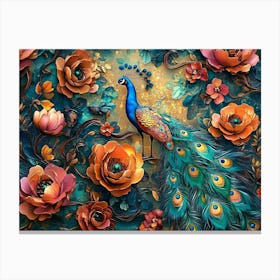 Bright Color Floral with Exotic Oriental Pattern Flowers and Peacocks 1 Canvas Print