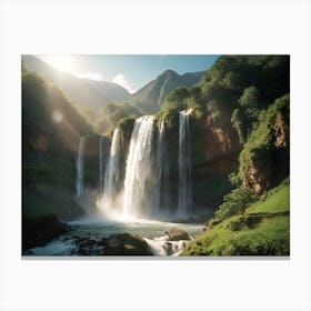 A Majestic Waterfall Surrounded by Greenery Canvas Print