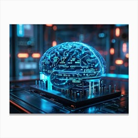 Cybernetic Brain Computer Interface Glowing With Neon Circuitry Entwined With Holographic Digital S (2) Canvas Print