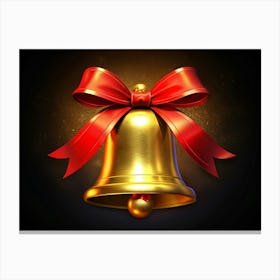 Golden Bell With Red Bow On Black Background Canvas Print