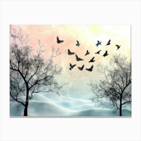 A 3d Landscape Featuring Black Trees And Birds 1 Canvas Print