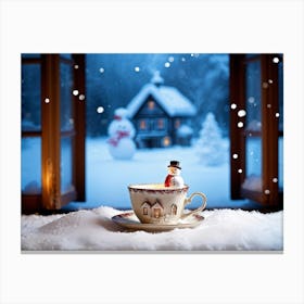 Miniature House Nestling Inside A Teacup Windows Aglow With Warm Light Surrounded By A Powdered Su Canvas Print