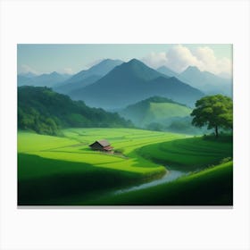 Rice Fields and Mountains: A Vision of Serenity and Grace Canvas Print