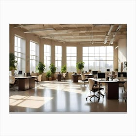 A Modern Office Interior With Multiple Workstations, Large Windows Allowing Ample Natural Light, And Potted Plants Creating A Welcoming Atmosphere Canvas Print