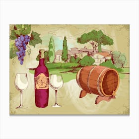 Vintage Wine Bottle And Barrel — wine poster, kitchen poster, wine print Canvas Print