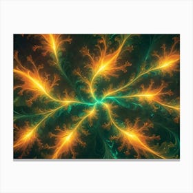 An Abstract Fractal Image Featuring Swirling, Glowing Lines And Shapes In Shades Of Green And Yellow On A Dark Background Canvas Print