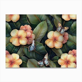 Tropical Flowers And Butterflies Painting Canvas Print