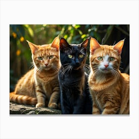 Three Cats Sitting On A Rock Canvas Print