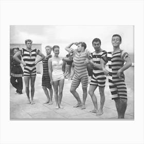 Muscle Men in Vintage Swimwear, Black and White Old Photo, Funny, Vintage Beach Art Canvas Print