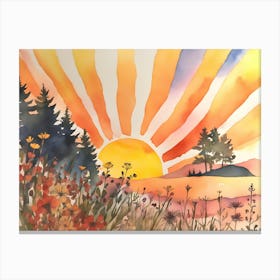 Sunset In the Mountains, Boho Landscape, Wildflowers 1 Canvas Print