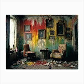 Interior Of A Vintage Horror Inspired Room With Rainbow Hued Aged Grunge Wallpaper Peeling Away To (6) Canvas Print