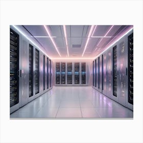 A Server Room With White Walls And A Floor, And Rows Of Server Racks With Glowing Blue And Purple Lights Canvas Print