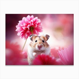 Hamster Clutching A Pink Dahlia Blossom Fur Detail Emphasized Against A Soft Focus Background Dah Canvas Print