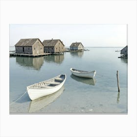 Two Rowboats At The Incoming Tide On The Coast, Calm Water, Overcast Sky, Rustic Dock Houses Canvas Print