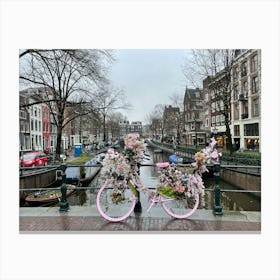 Pink Bike On The Canal Amsterdam Canvas Print