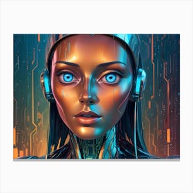 Close Up Portrait Of A Cyborg Woman With Golden Skin And Bright Blue Eyes Canvas Print