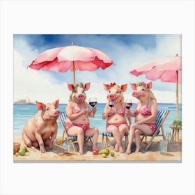 Pink Umbrellas and Piggy Pleasures Drinking Wine and Having Fun With Friends On The Beach Canvas Print