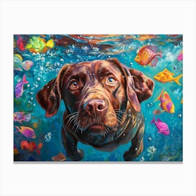 A Playful Chocolate Labrador Swimming Under The Water Canvas Print