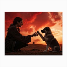 Dog And Girl At Sunset Canvas Print