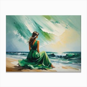 Girl In Green Dress On The Beach Canvas Print