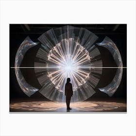 A Woman In A Silhouette Stands Before A Large, Glowing, Abstract Artwork That Resembles A Flower Or A Nebula, Creating A Sense Of Wonder And Awe Canvas Print