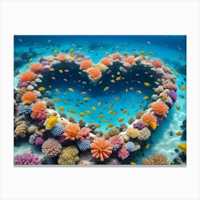 Underwater Scene With A Heart Shaped Opening In The Coral Reef, Surrounded By Colorful Fish And Coral Canvas Print