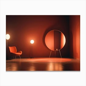 A Red Armchair And A Round Mirror Stand In A Corner Of A Room With A Red Wall Canvas Print