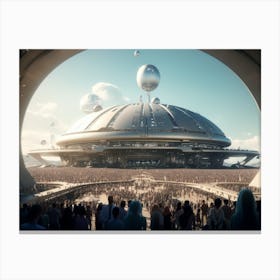 Earthlings huddled together in a bustling spaceport Canvas Print