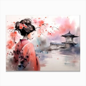 Beautiful Geisha In Beautiful Japanese Cherry Garden Canvas Print