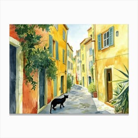 Nice, France   Cat In Street Art Watercolour Painting 2 Canvas Print