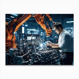 An Artificial Intelligence Engineer Immersed In A High Tech Manufacturing Factory Examining The Com (5) Canvas Print