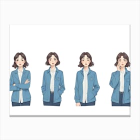 Animated Girl In Blue Jacket With Different Expressions 1 Canvas Print