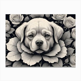 Black And White Portrait Of A Labrador Puppy Peeking Out From A Bed Of Roses Canvas Print