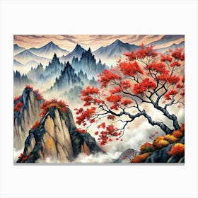 Mountain Landscape With Red Tree In Fog Canvas Print