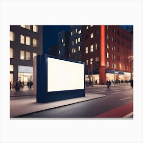 A Street Scene At Night With A Large, Blank Billboard On The Sidewalk Canvas Print