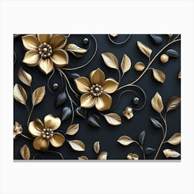 Elegant 3d Gold Floral Motif on Black Canvas Print