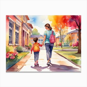 Watercolor Of A Mother And Son Walking Canvas Print
