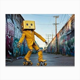 Frightened Robot Balancing On Roller Skates Head Resembling A Gold Aluminum Can Expressive Eyes Wi Canvas Print