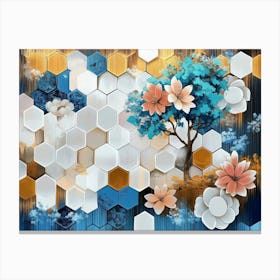 Abstract With White Lattice Tiles, Turquoise Tree, And Dynamic Blue Hexagons On A Floral Canvas Print