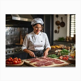 Candid Shot Of A Sophisticated Female Chef Just Slicing Up The Buttery Raw Bacon For A Tasting Ital (3) Canvas Print