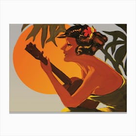 Hawaii, Hula Girl Plays Ukulele On Sunset Canvas Print
