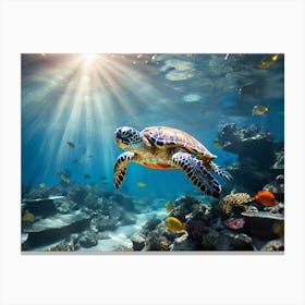 Sea Turtle In The Ocean Paintings Art Print Canvas Print