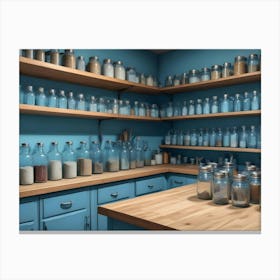 A Realistic Illustration Of A Kitchen Pantry With Wooden Shelves Filled With Glass Jars Containing Various Ingredients, Showcasing A Rustic, Homey Aesthetic Canvas Print