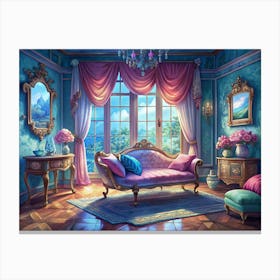 Elegant Living Room With Blue And Pink Decor Canvas Print