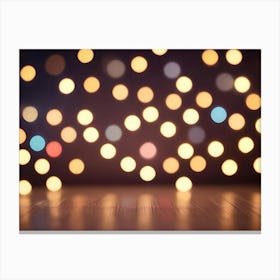 A Blurred Background Of Golden Circles, Resembling Bokeh Lights, With A Wooden Surface In The Foreground Canvas Print