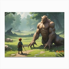 A Young Adventurer With A Sword Stands On A Path In A Forest, Facing A Large, Muscular Beast Canvas Print