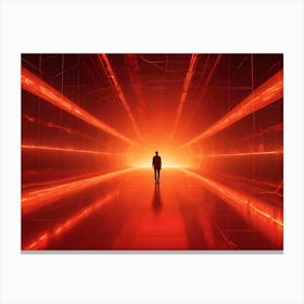 A Person In A Dark Silhouette Walks Towards A Bright, Red Light At The End Of A Futuristic, Glowing Tunnel Canvas Print