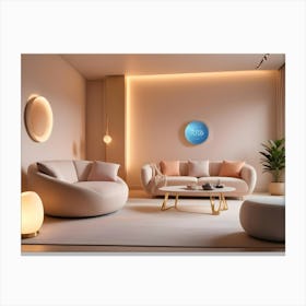 A Modern Living Room Interior Featuring A White Sofa, A Coffee Table With A Golden Base, A Round, Blue Clock On The Wall, A Potted Plant, And A Floor Lamp Canvas Print