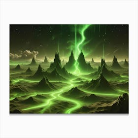 A Futuristic, Alien Landscape With Glowing Green Rivers Flowing Through Dark, Mountainous Terrain Under A Starry Sky Canvas Print